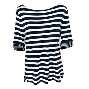 Lauren, Ralph XL Blue White Striped Boat Neck Elbow Sleeve Tee w/ Folded Sleeve